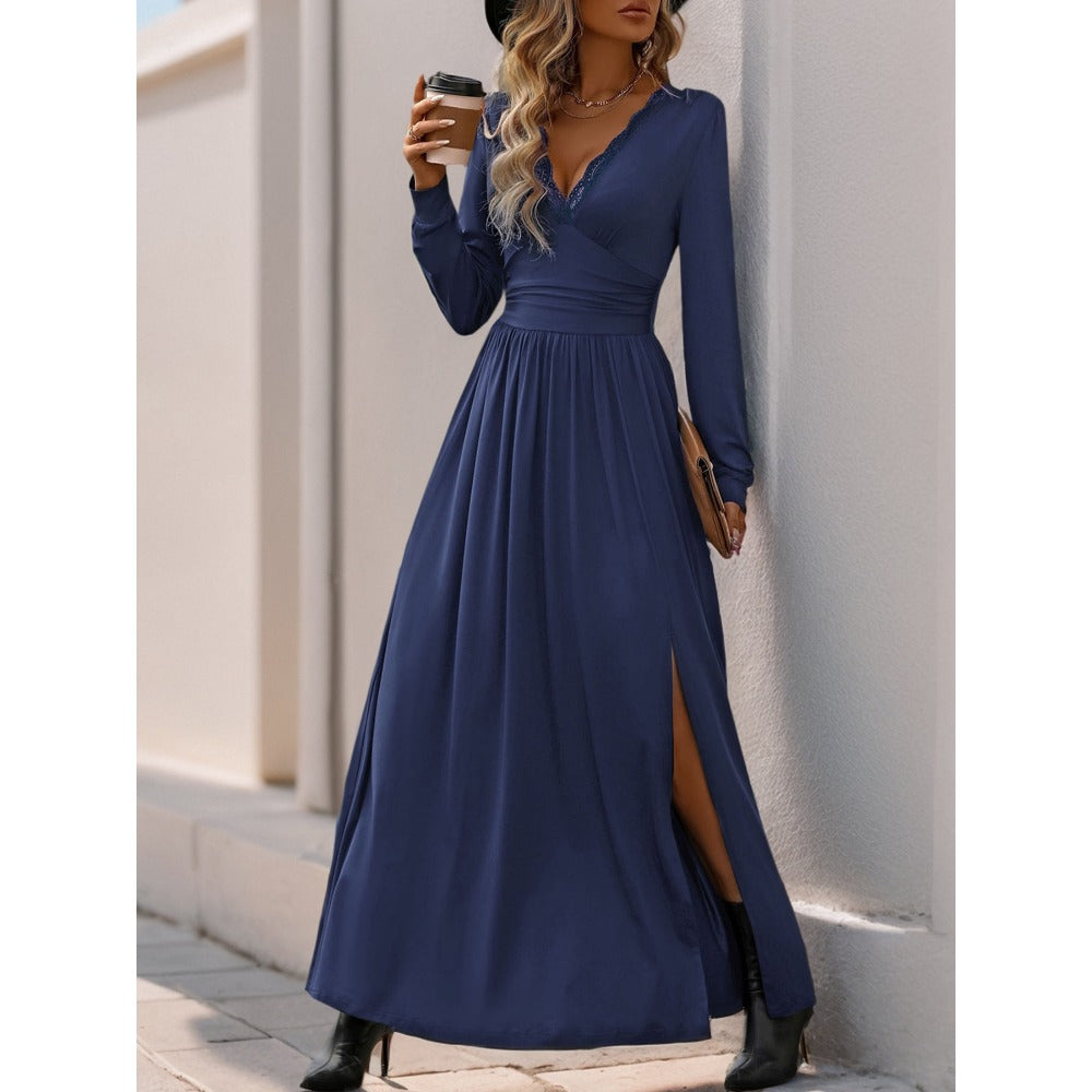 Maxi Dress with Lace V-Neck and Side Slit for Women - Ada