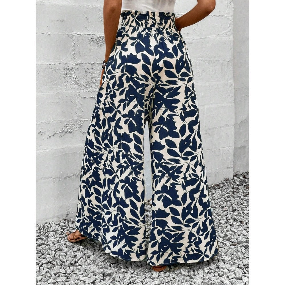 Navy Blue Floral Print Wide Leg Pants for Wome - Ornella