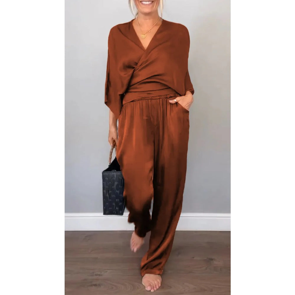 Rust Brown Two Piece Wide Leg Pants Set for Women - Simona