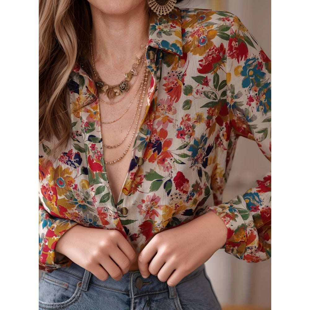 Multicolor Floral Print Long Sleeve Button Shirt for Women - Cecilia