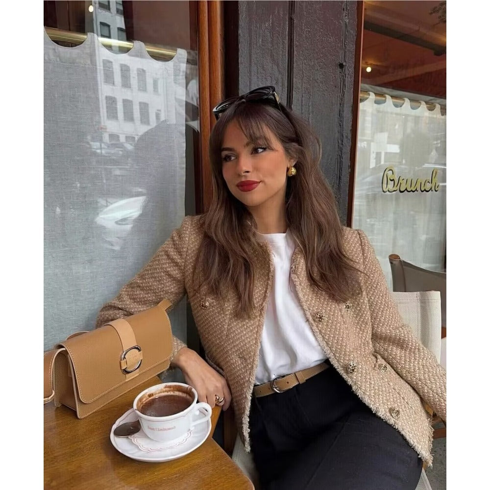 Tweed Button Up Long Sleeve Jacket for Women - Gianna