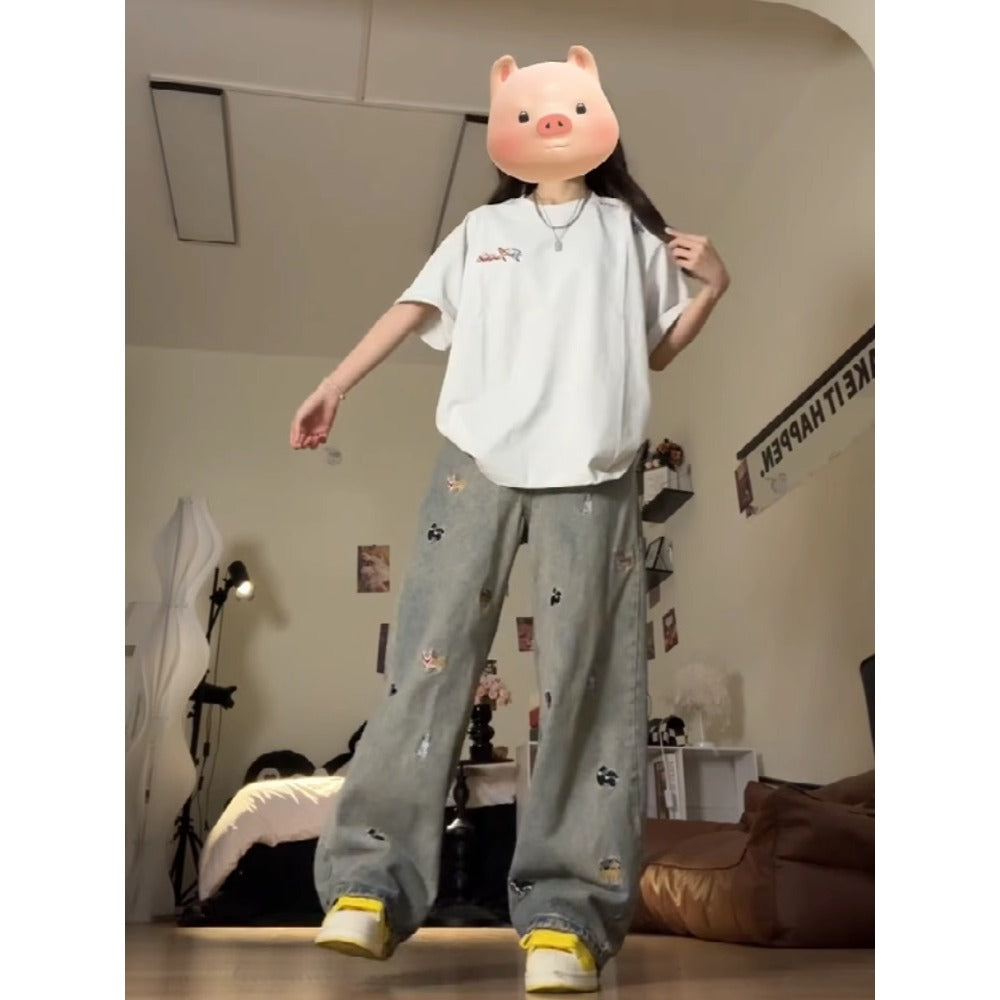 Grey Wide Leg Embroidered Denim Jeans with High Waist for Women - Margherita