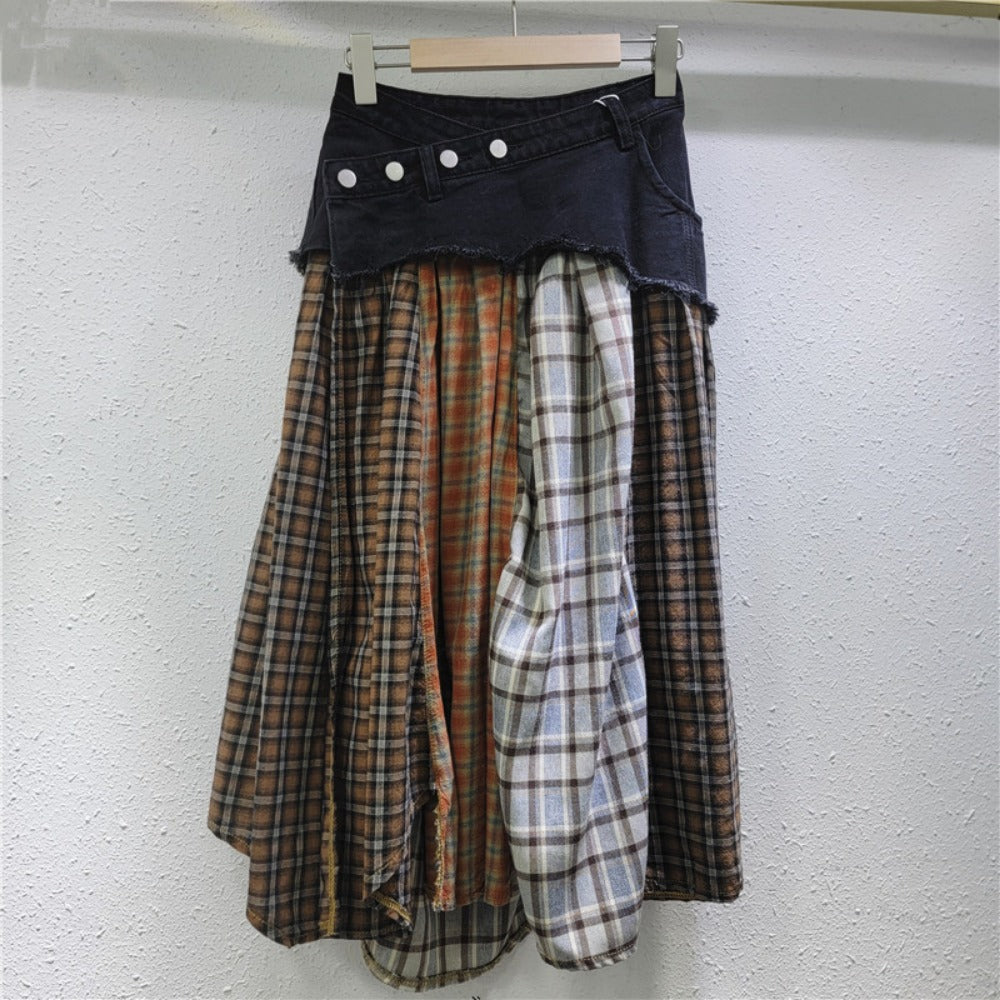 Plaid Patchwork Midi Skirt with Denim Waist for Women - Carlotta