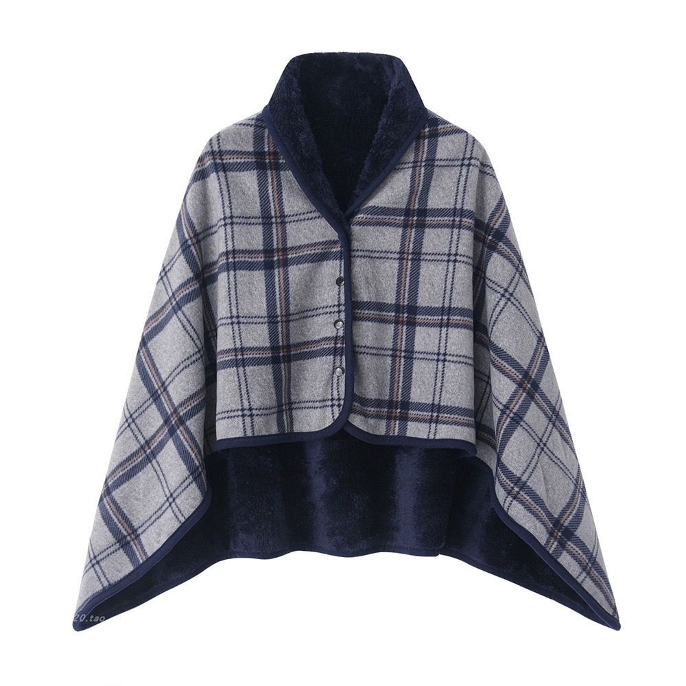 Plaid Fleece Poncho Cape with Buttons for Women - Lara