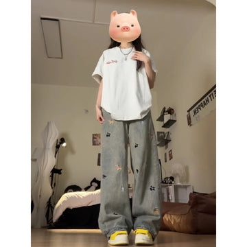 Grey Wide Leg Embroidered Denim Jeans with High Waist for Women - Margherita