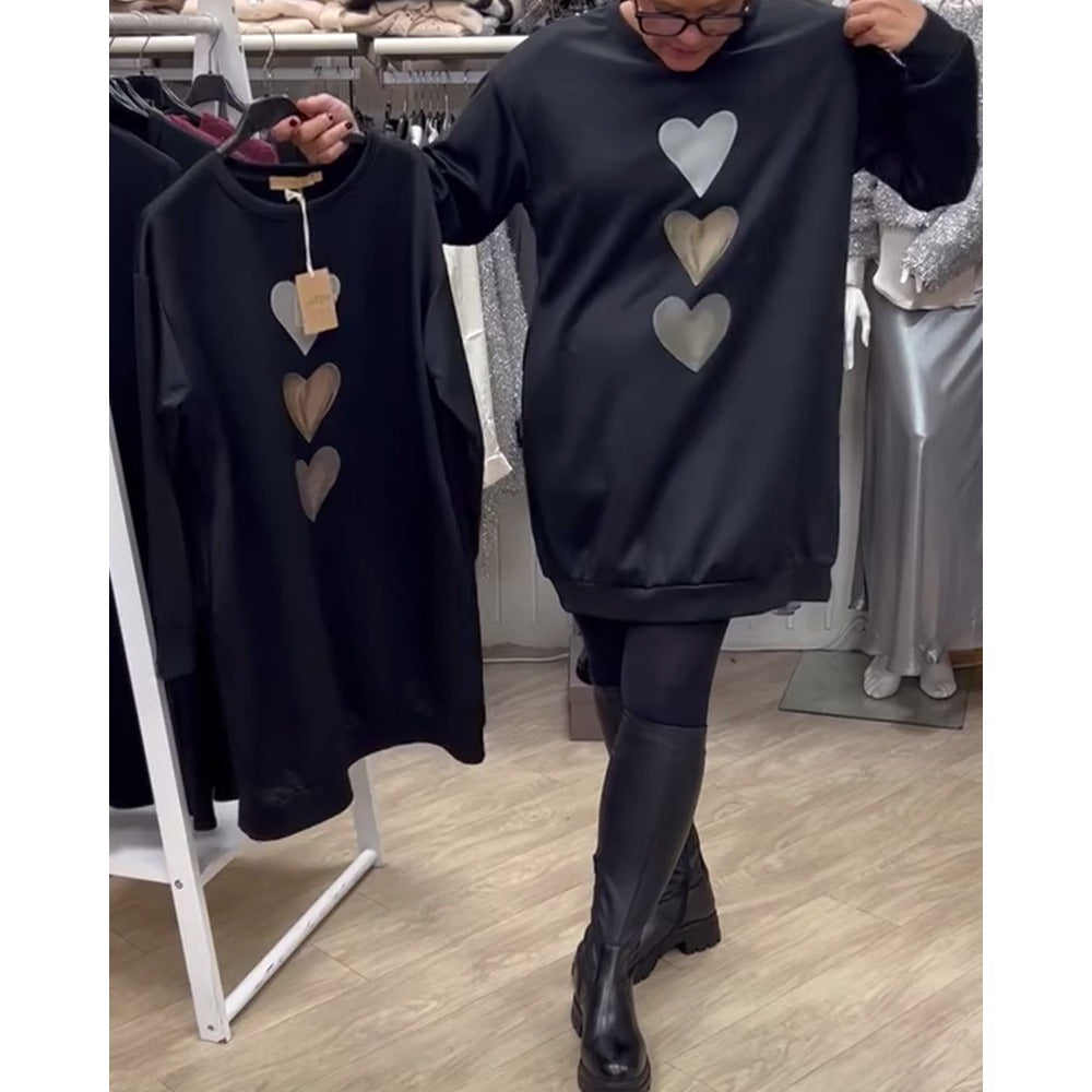 Black Long Sleeve Heart Print Sweatshirt Dress for Women - Pina