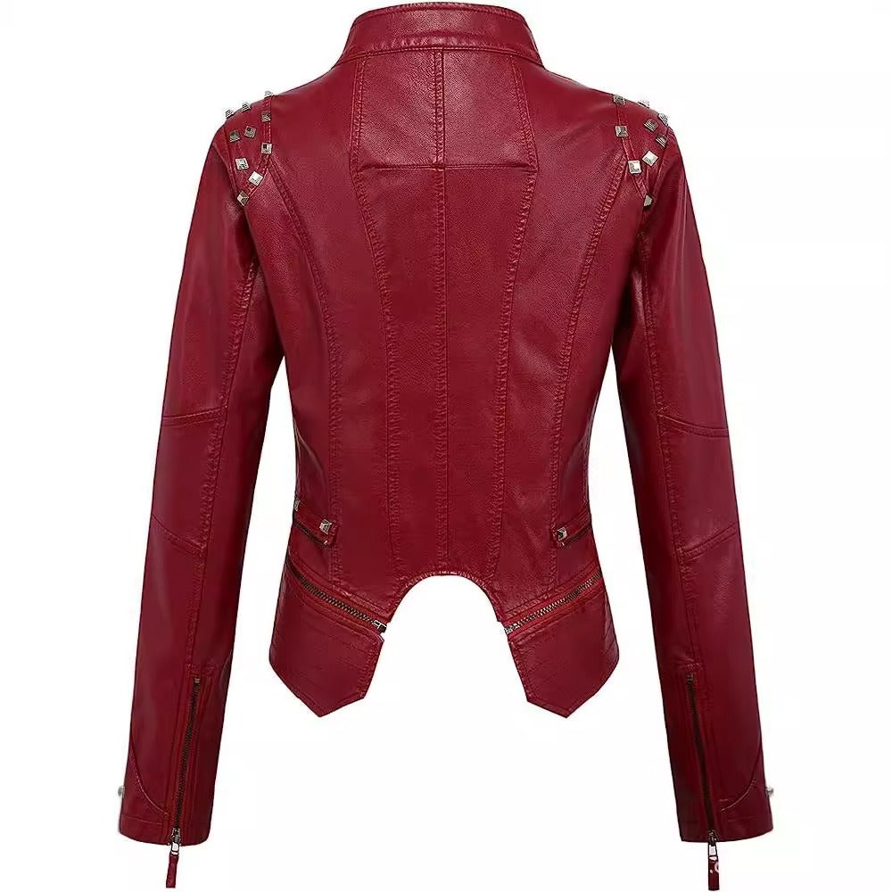 Faux Leather Studded Biker Jacket for Women - Leonia