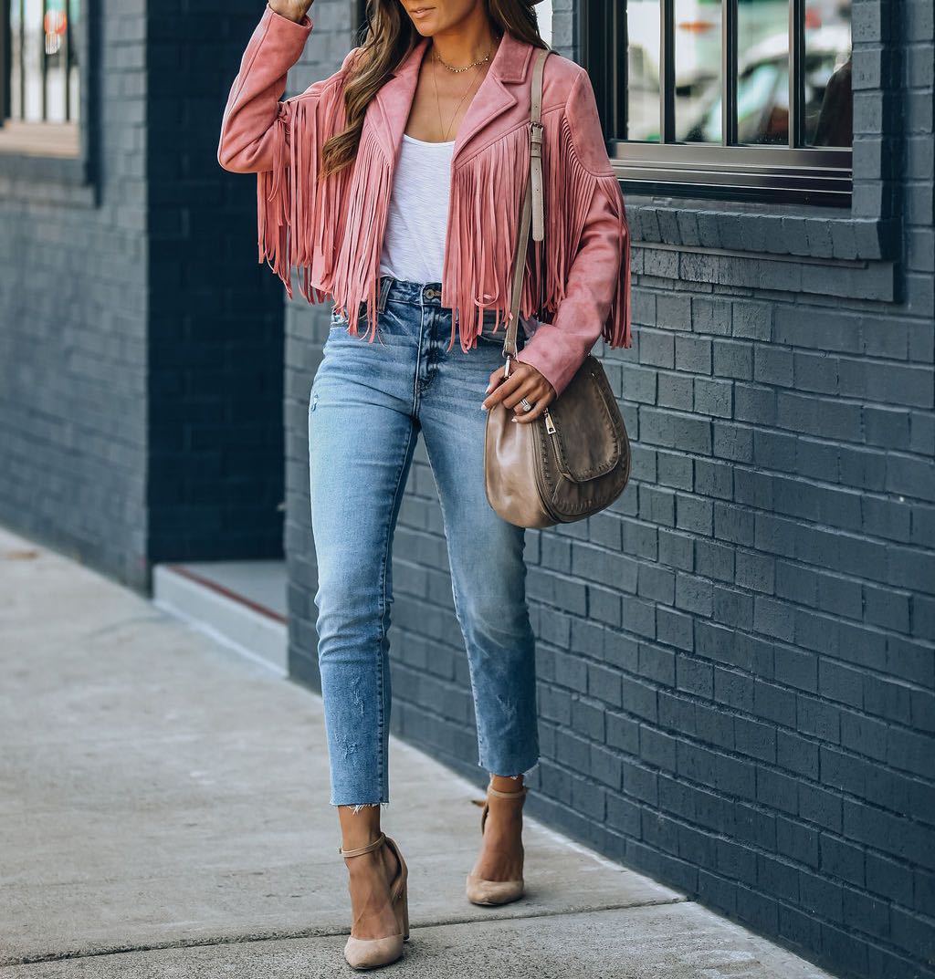 Women’s Cropped Fringed Jacket with Lapel Collar