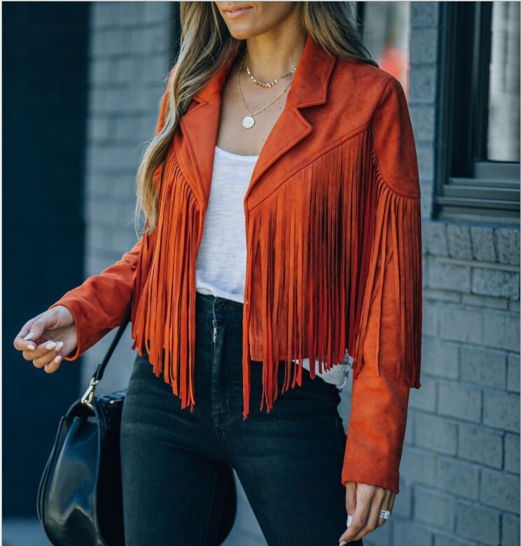 Women’s Cropped Fringed Jacket with Lapel Collar