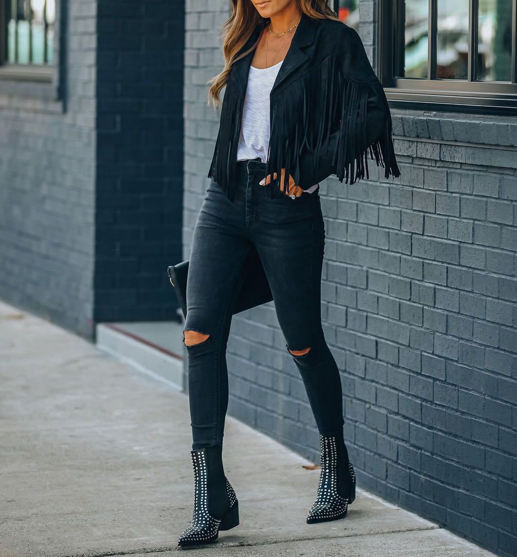 Women’s Cropped Fringed Jacket with Lapel Collar