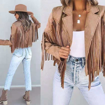 Women’s Cropped Fringed Jacket with Lapel Collar