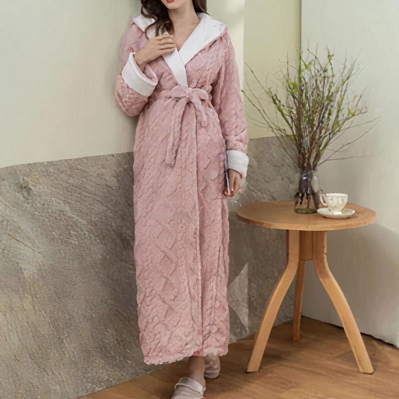 Soft Hooded Dressing Gown with Self Tie Belt for Women