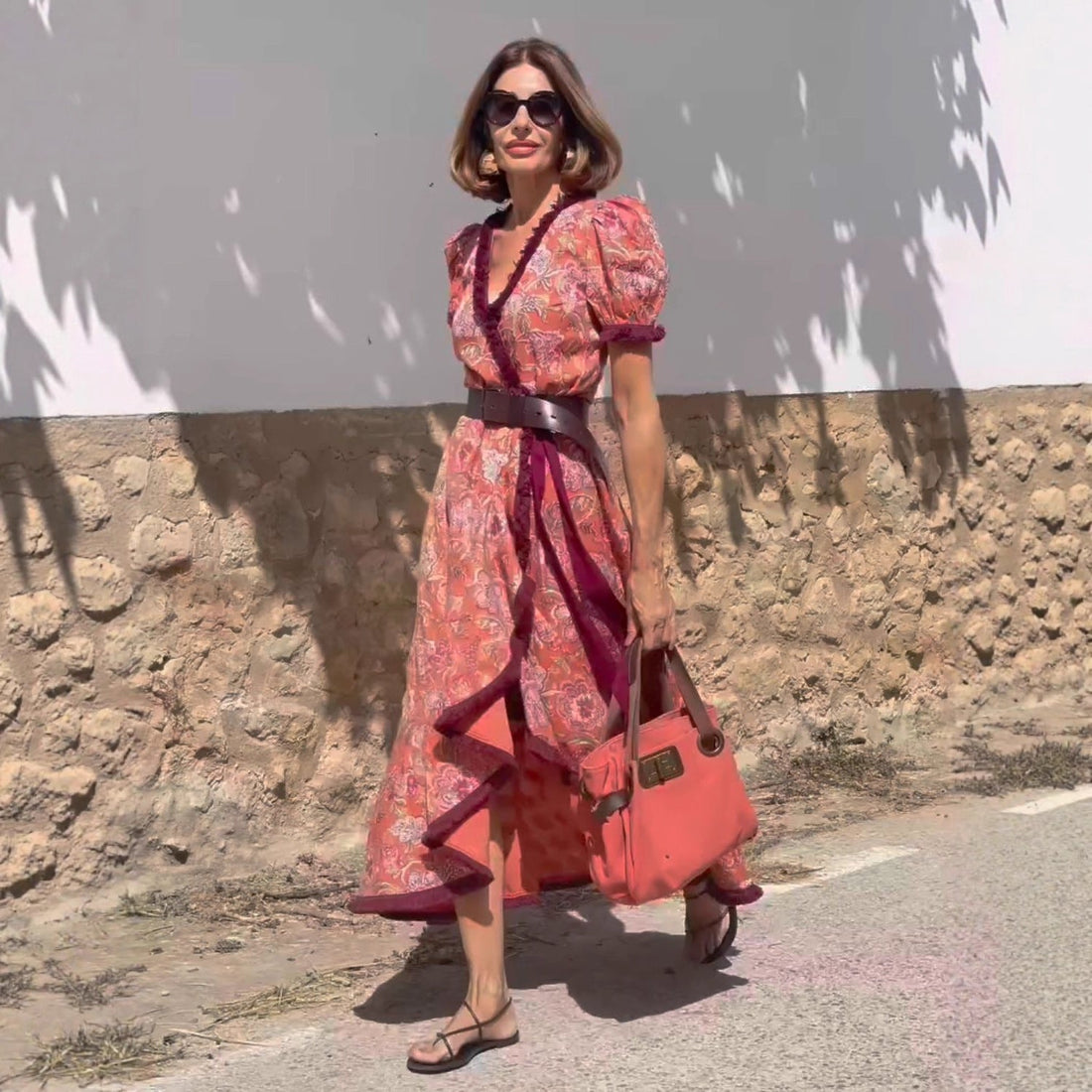 Pink Floral Wrap Maxi Dress with Puff Sleeves for Women - Rita
