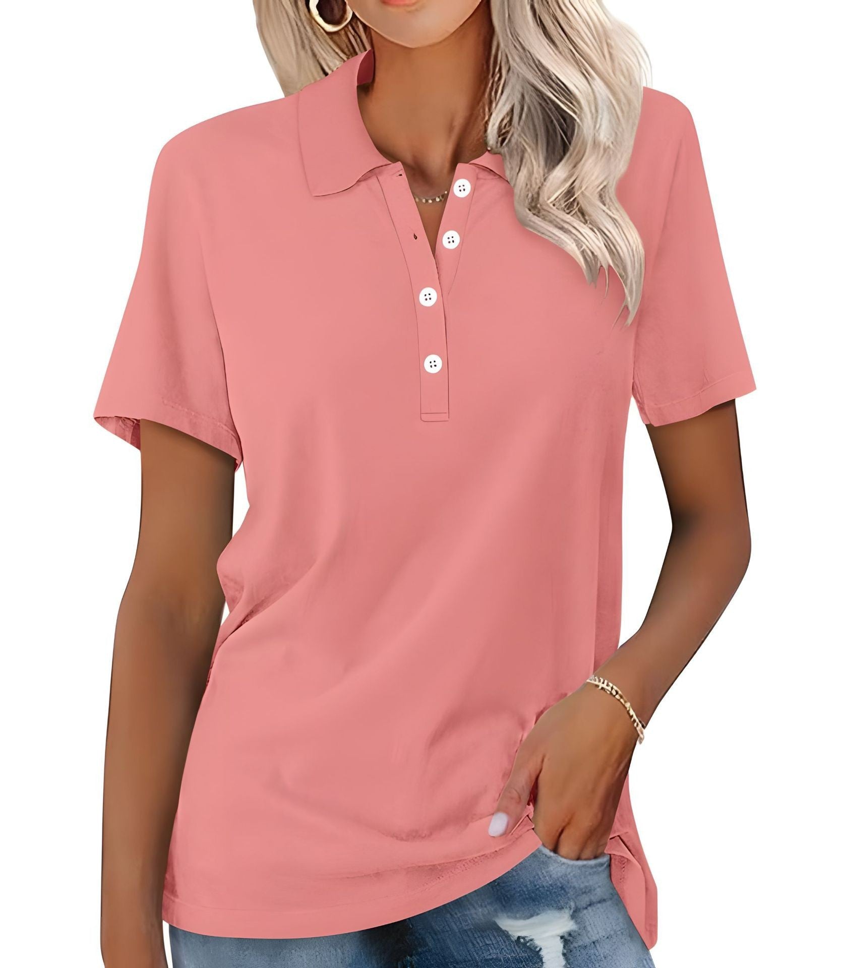 Soft Breathable Casual Polo Shirt with Short Sleeves for Women
