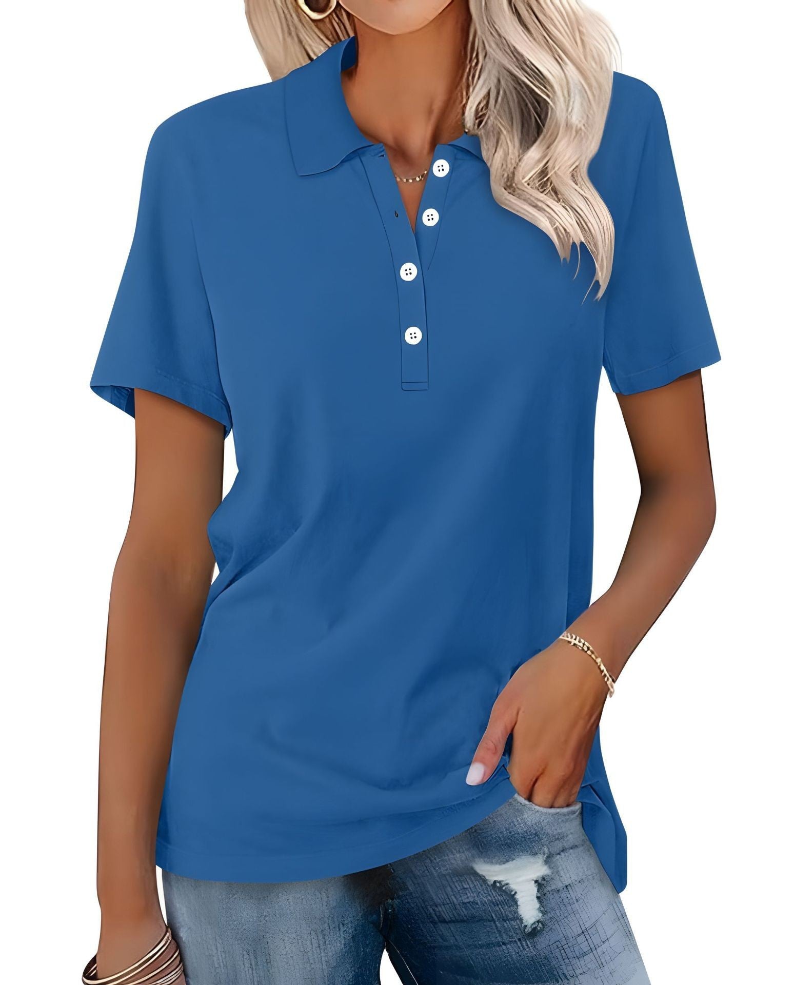 Soft Breathable Casual Polo Shirt with Short Sleeves for Women