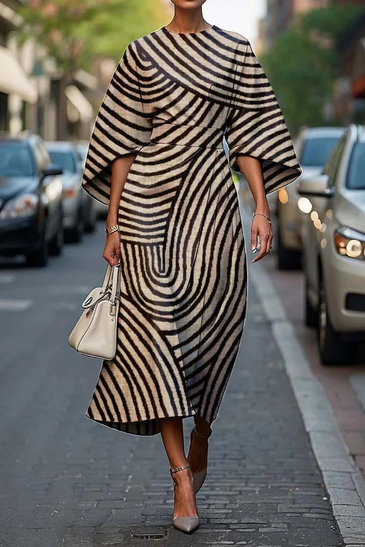 Black and White Striped Midi Dress with Wide Sleeves for Women - Sibilla