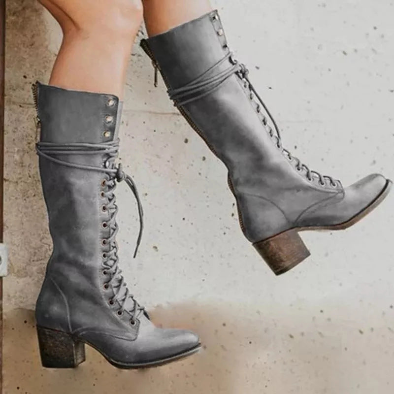Women’s Knee High Leather Boots with Lace Up and Side Zip