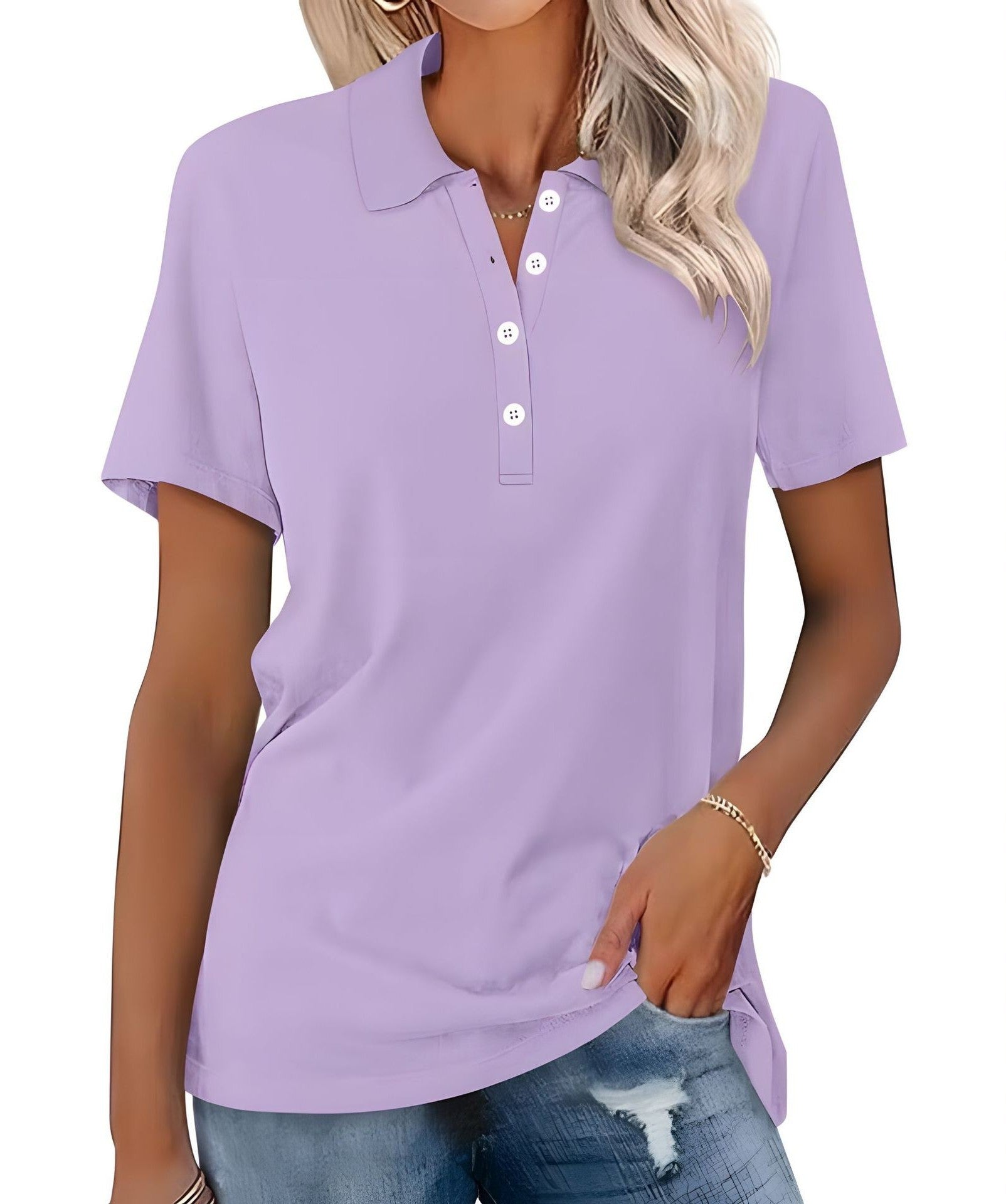 Soft Breathable Casual Polo Shirt with Short Sleeves for Women