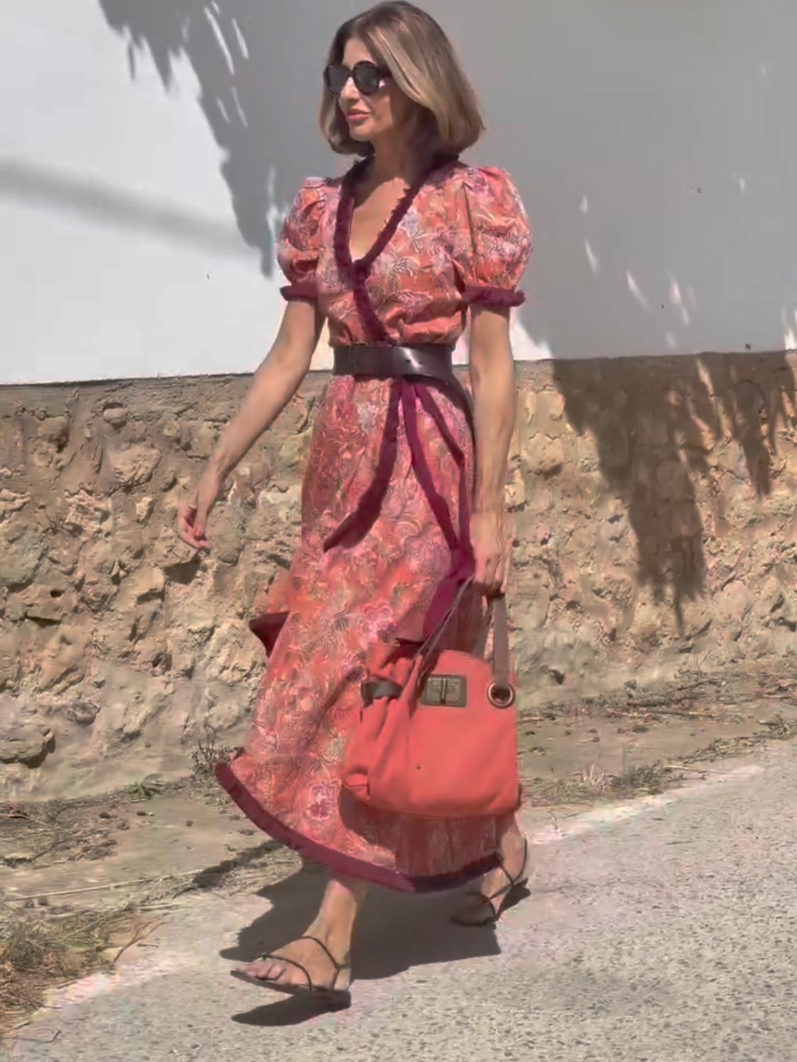 Pink Floral Wrap Maxi Dress with Puff Sleeves for Women - Rita