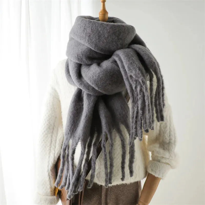 Chunky Knit Scarf with Fringe Trim for Women