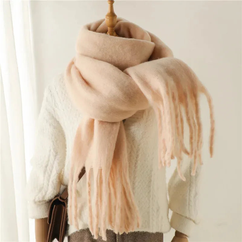 Chunky Knit Scarf with Fringe Trim for Women