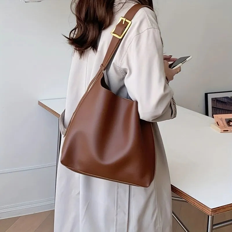 Women’s Shoulder Bag with Wide Strap and Gold Buckle Detail