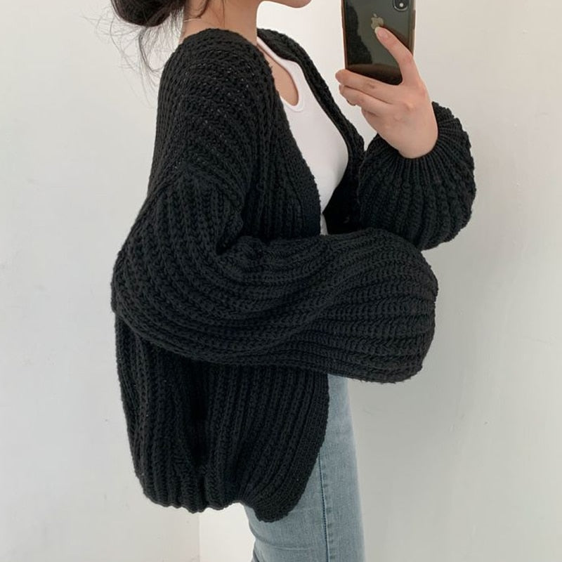Chunky Knit Cardigan with Balloon Sleeves and Open Front for Women