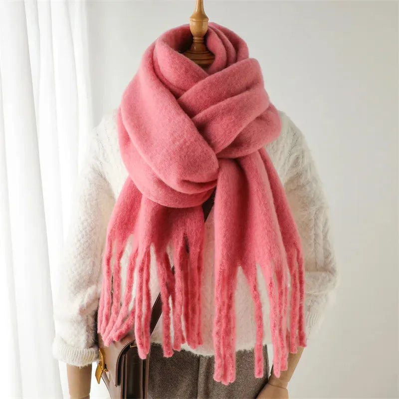 Chunky Knit Scarf with Fringe Trim for Women