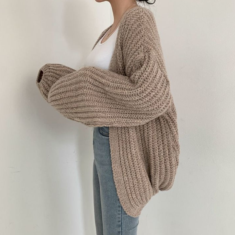Chunky Knit Cardigan with Balloon Sleeves and Open Front for Women