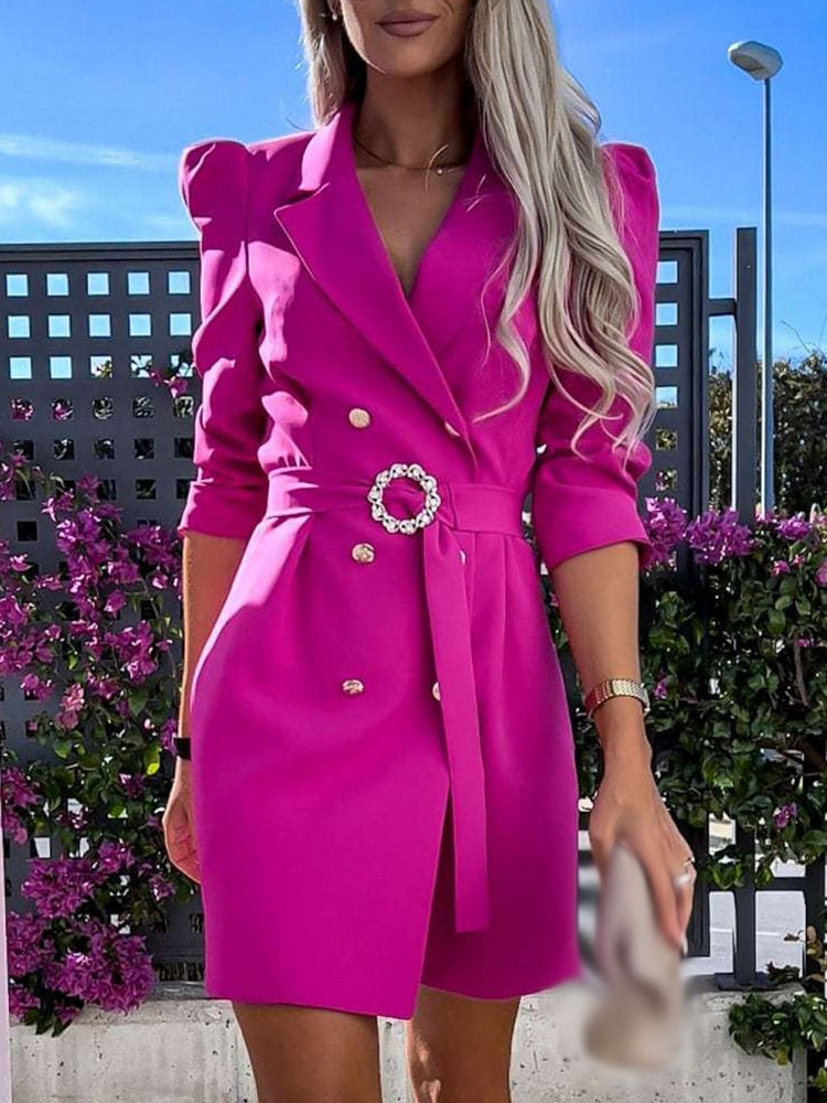 Women’s Double Breasted Blazer Dress with Puff Sleeves and Tailored Fit