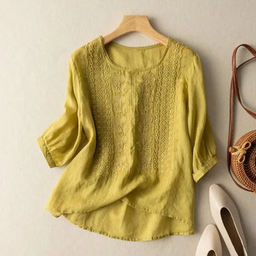 Vintage Embroidered Blouse with 3/4 Sleeves for Women