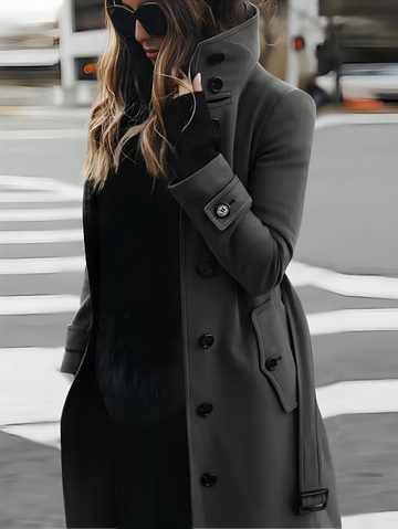 Women’s Long Coat with High Collar and Tie Belt