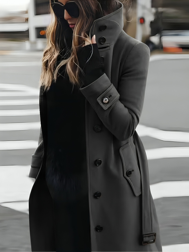 Women’s Long Coat with High Collar and Tie Belt