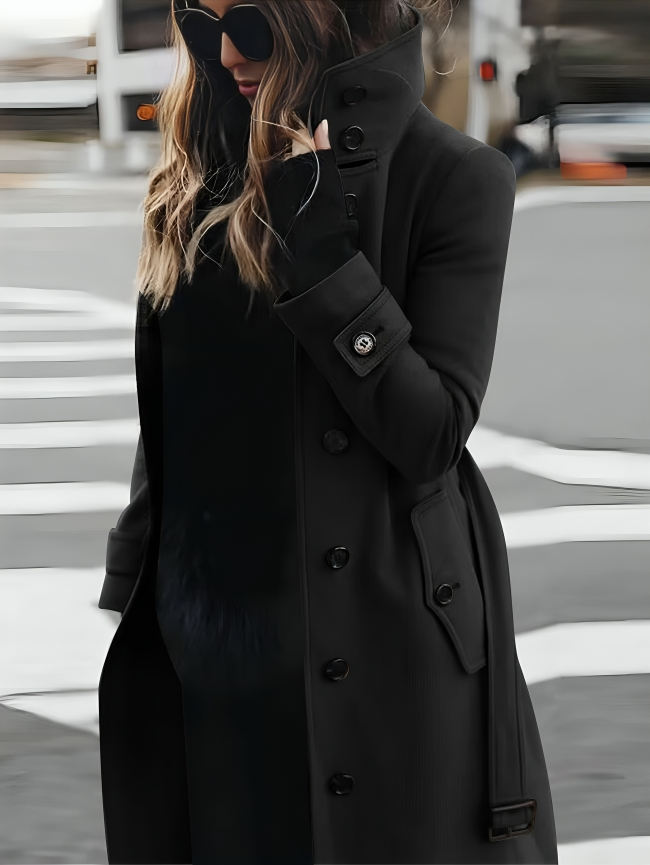 Women’s Long Coat with High Collar and Tie Belt