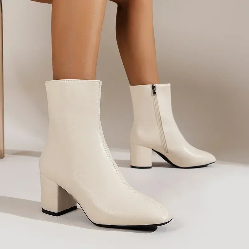 Women’s Boots with Chunky Block Heel and Square Toe Design