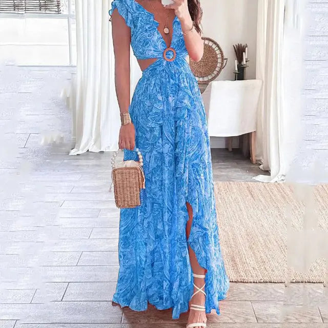 Floral Ruffle Maxi Dress in Red Blue Pink for Women