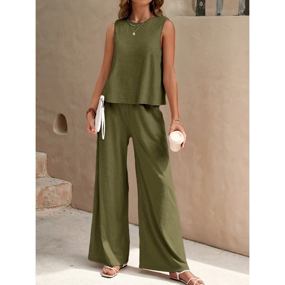 Sleeveless Top and Wide Leg Pants Set for Women - Rosaria