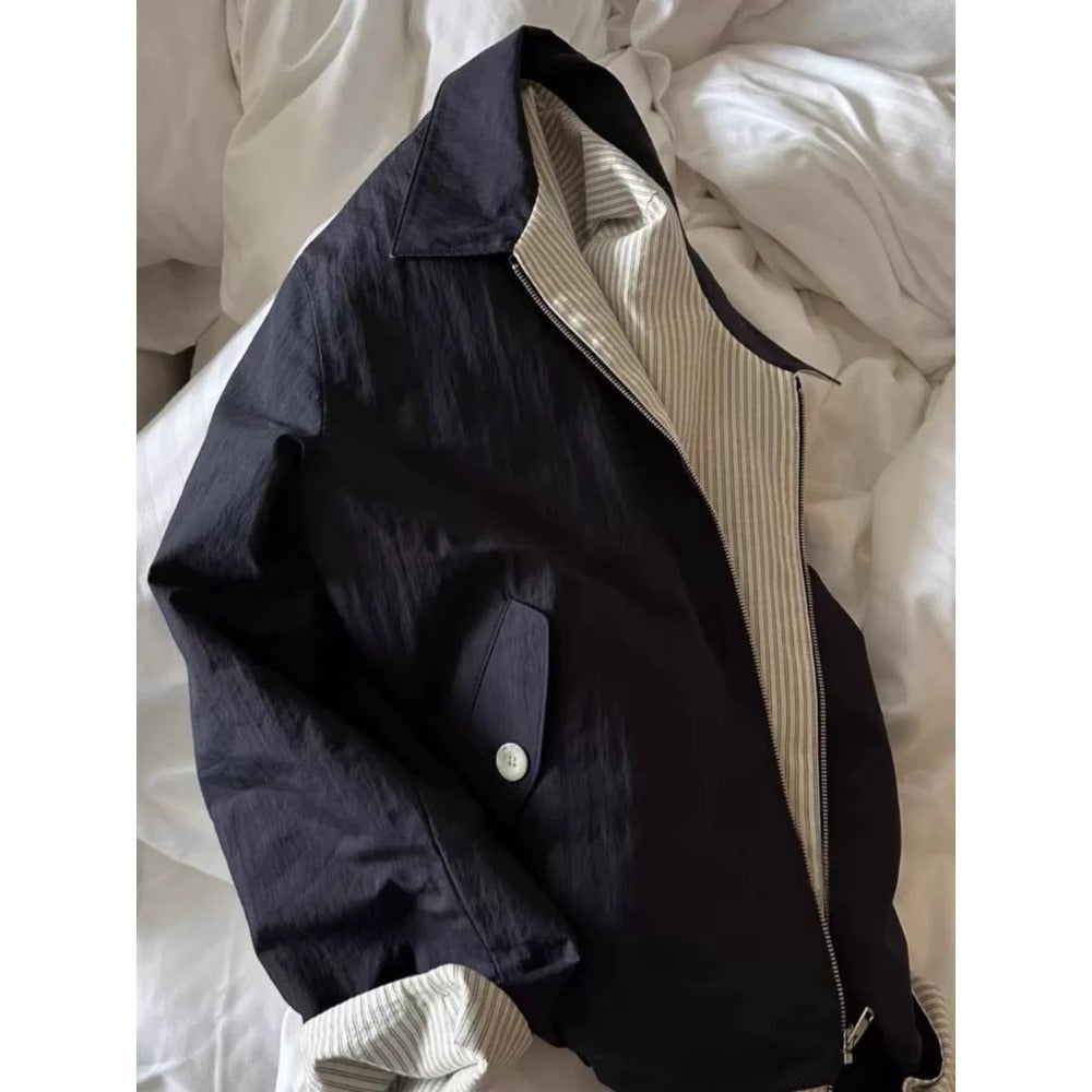 Navy Blue Reversible Bomber Jacket with Striped Lining for Women - Angelica