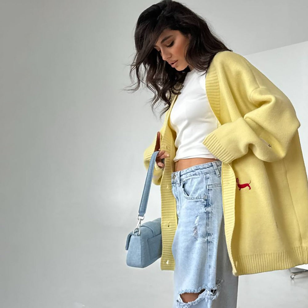 Oversized Knit Cardigan with Embroidery for Women - Angelica