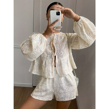 White Lace Two Piece Long Sleeve Shorts Set for Women - Aurora