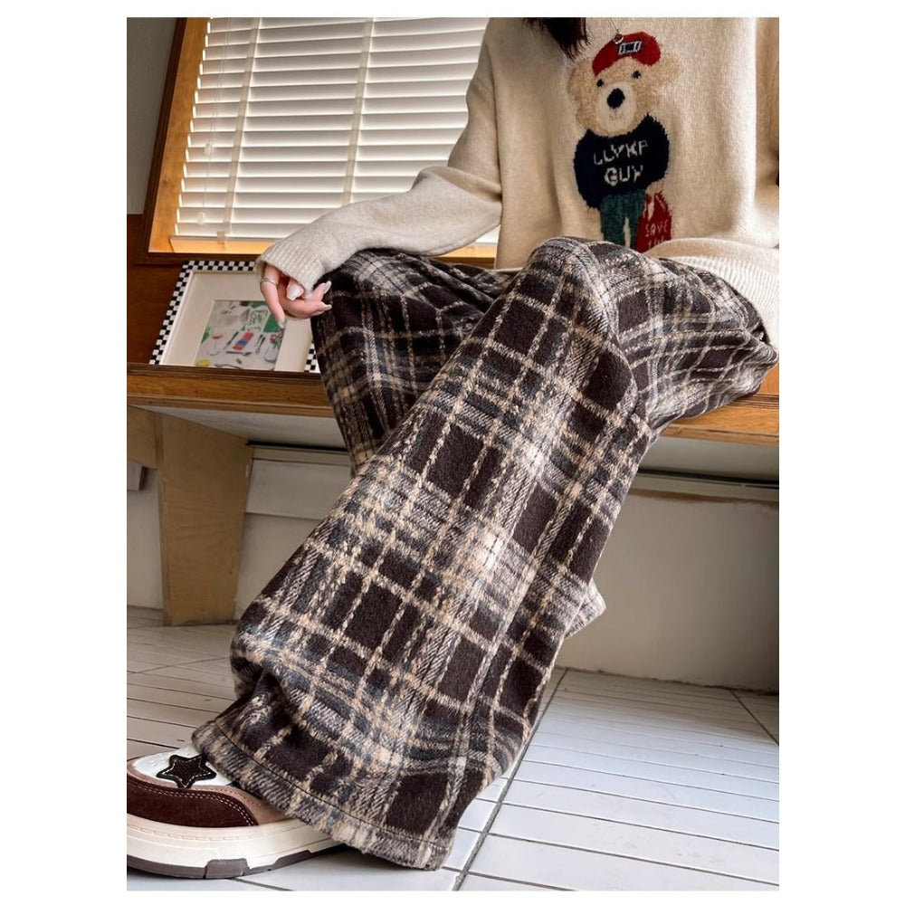 Plaid Wide-Leg Fleece-Lined Pants with Drawstring for Women - Miriam