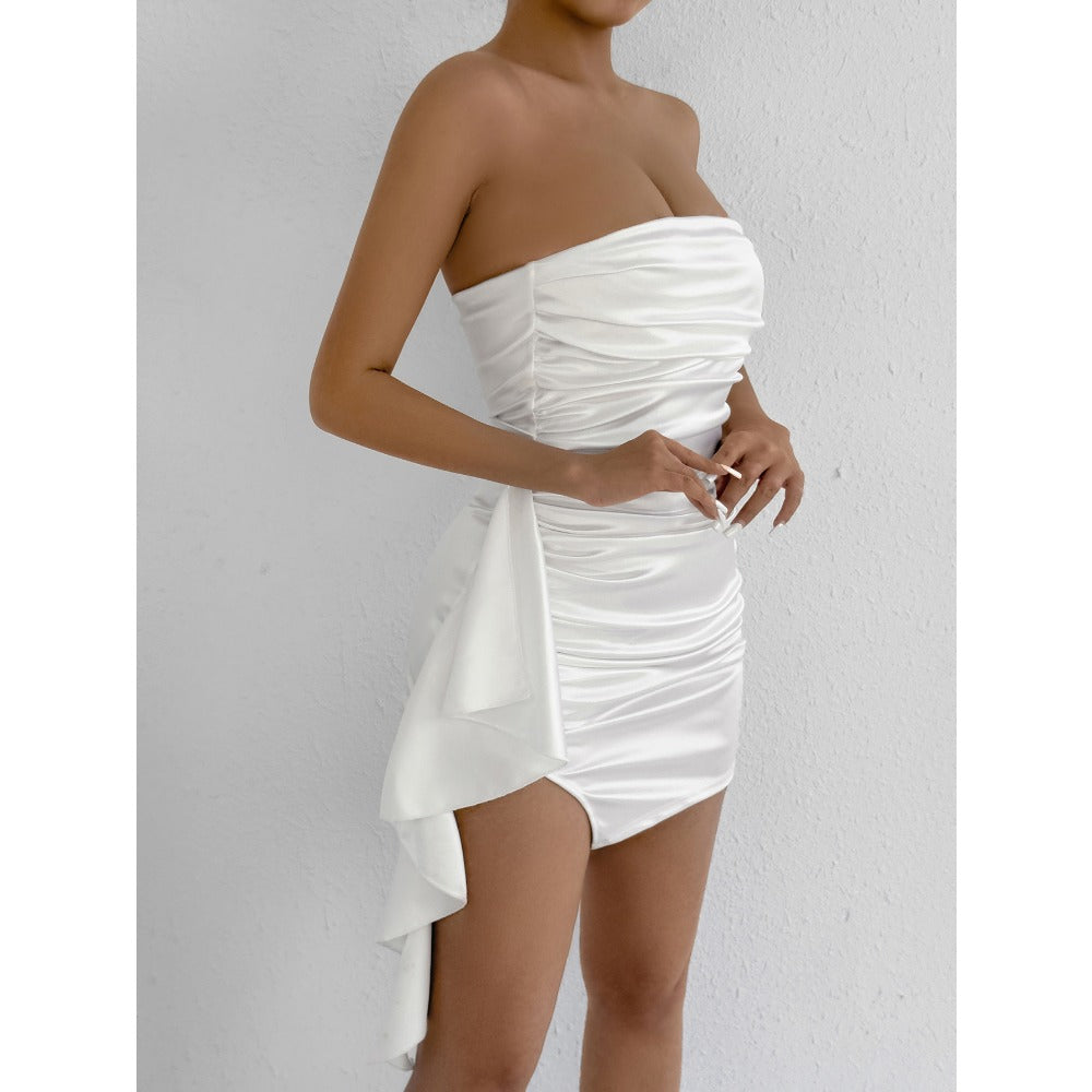 White Strapless Ruched Mini Dress with Side Drape for Women - Elda