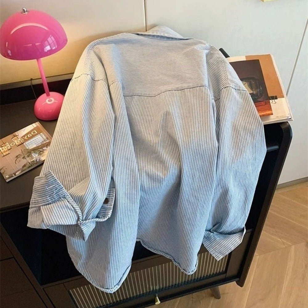 Light Blue Striped Button Down Shirt for Women - Eugenia