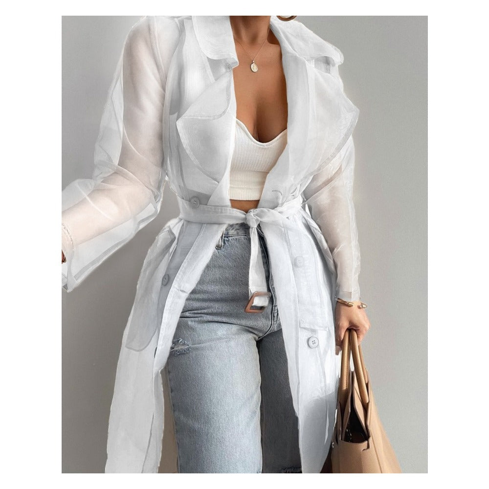 Sheer Long Sleeve Trench Coat with Belt for Women - Diana