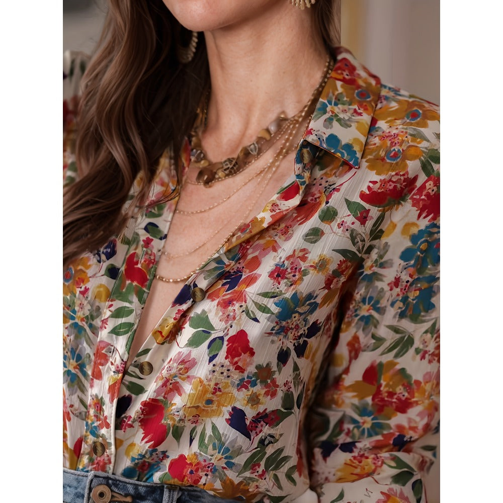 Multicolor Floral Print Long Sleeve Button Shirt for Women - Cecilia