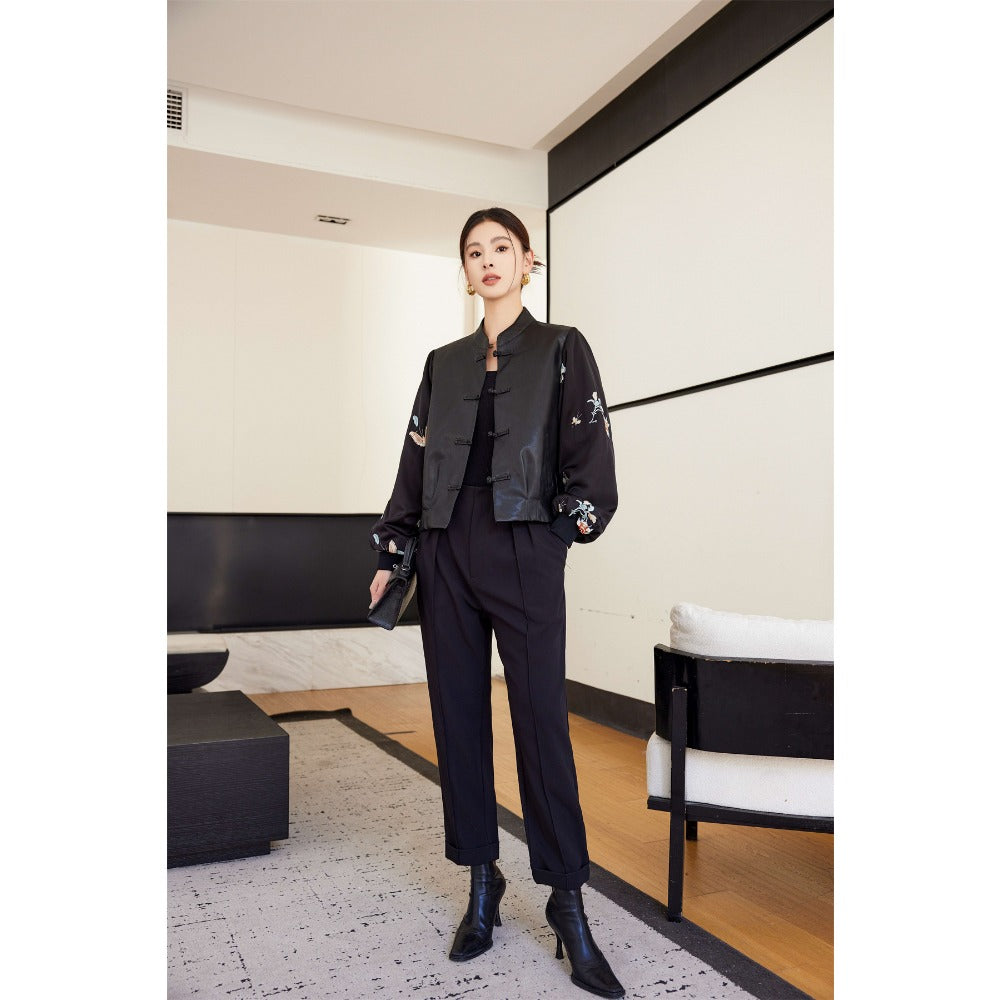 Black Faux Leather Jacket with Embroidered Sleeves for Women - Genziana