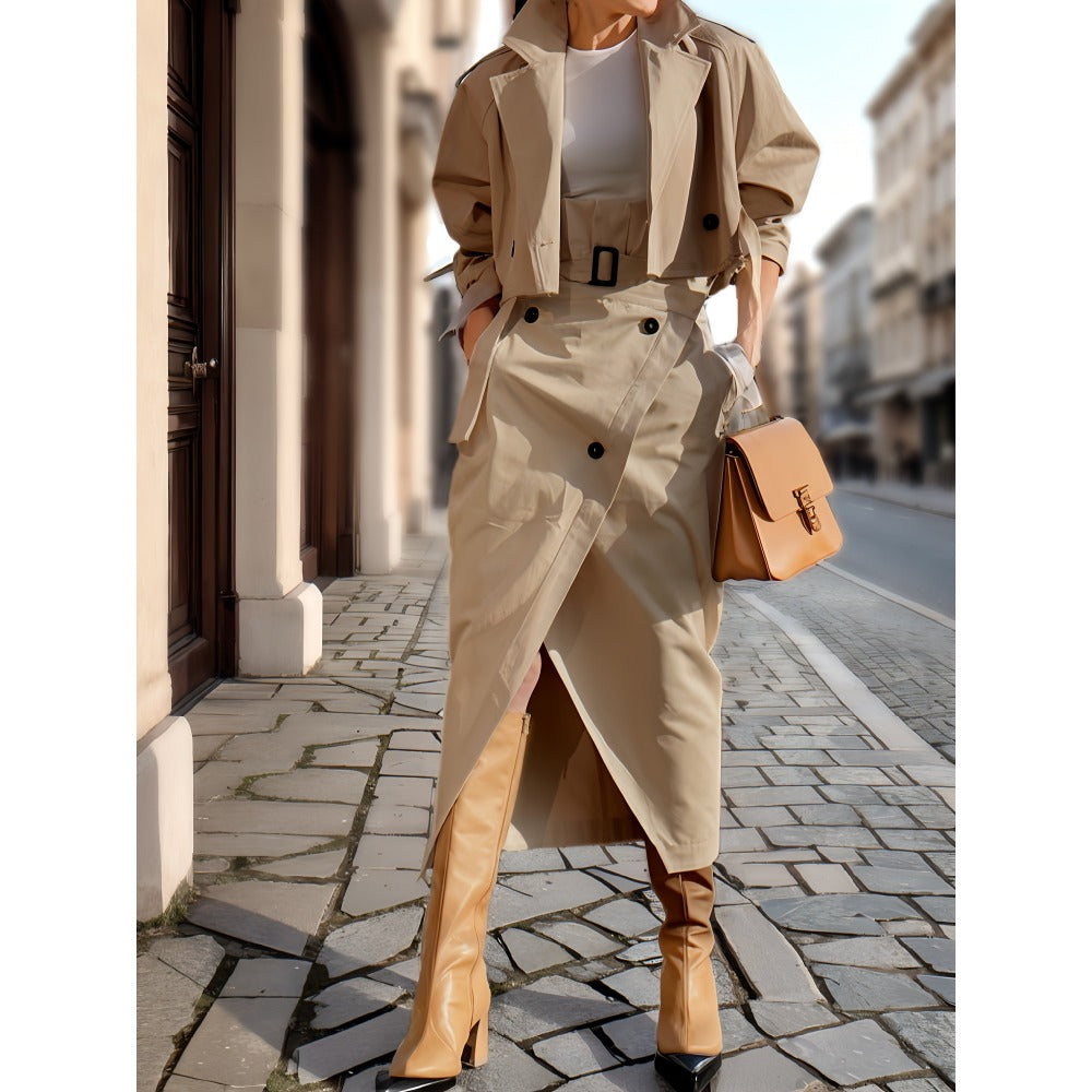 Trench Coat Skirt Set with Belt for Women - Grazia