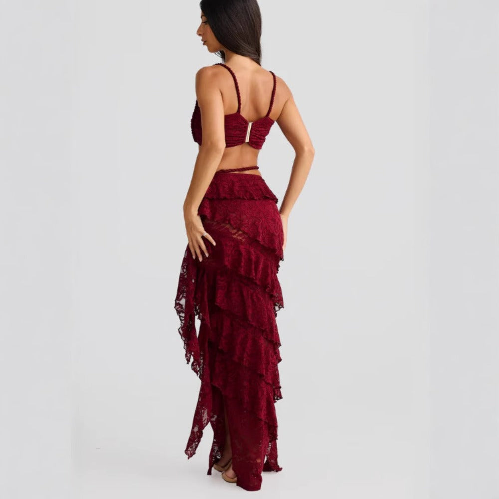 Lace Crop Top and Ruffled Skirt Set for Women - Licia
