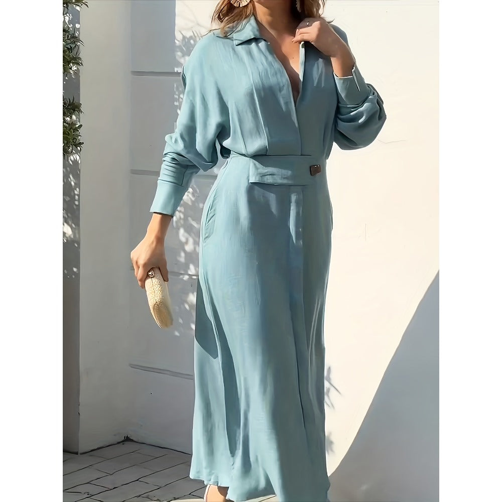 Teal Button Down Long Sleeve Maxi Dress for Women - Daria