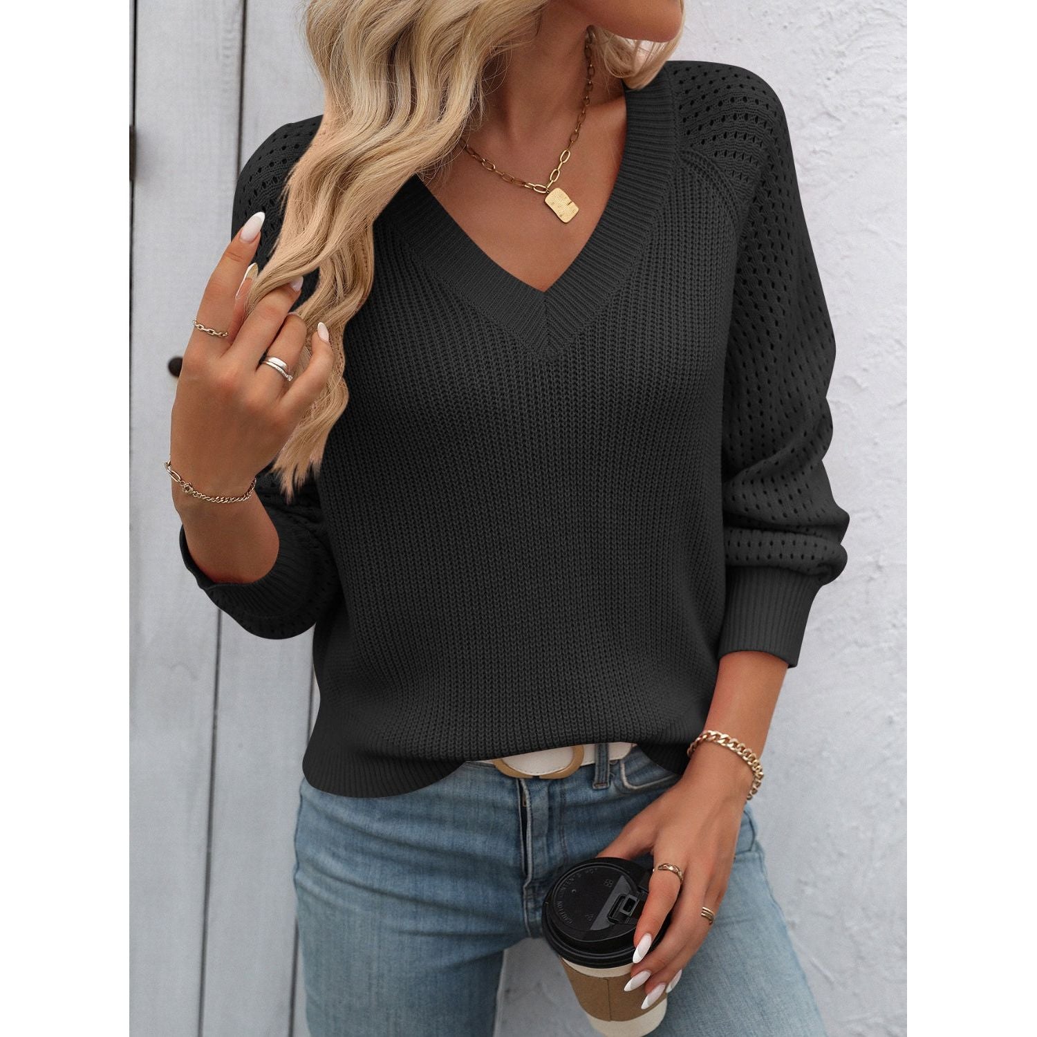 Soft Casual V Neck Jumper with Balloon Sleeves for Women